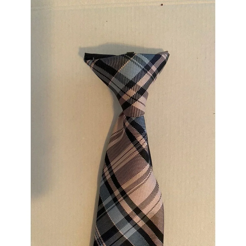 Boys Navy Blue Tan Plaid Clip-On Necktie‎ 14 Inch Formal School Uniform Tie